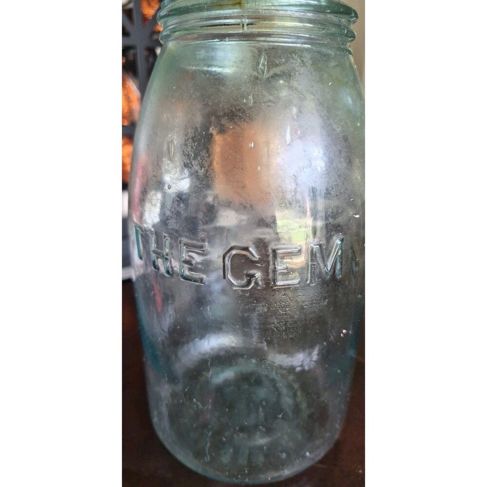 Antique 1868 The Gem Hand Blown Canning Jar Half Gallon Aqua 605 No Lid